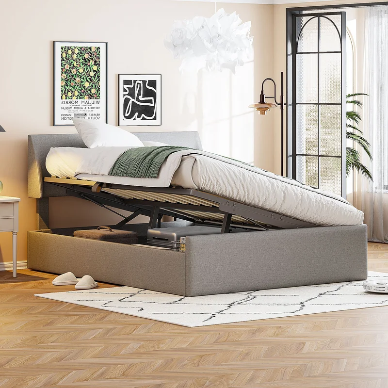 Full Size Sleigh Bed with Side-Tilt Hydraulic Storage System Linen Upholstery Gray