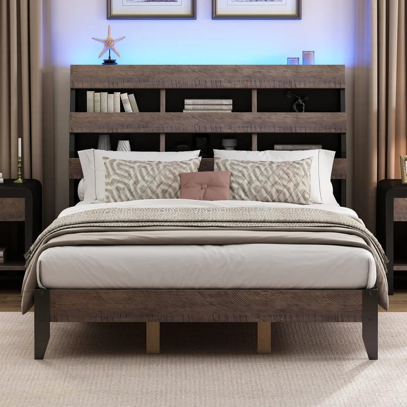Mid Century Modern Style Queen Bed Frame with Bookshelf and LED Lights and USB Port Walnut and Black